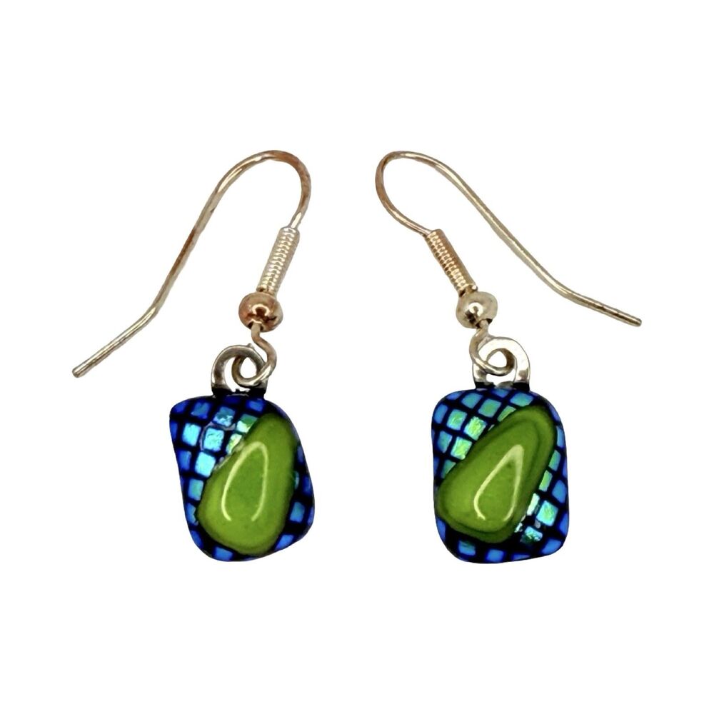 Artesian Dichroic Glass Dangle Earrings 1" Green & Blue Unique Murano Style - Picture 8 of 13
